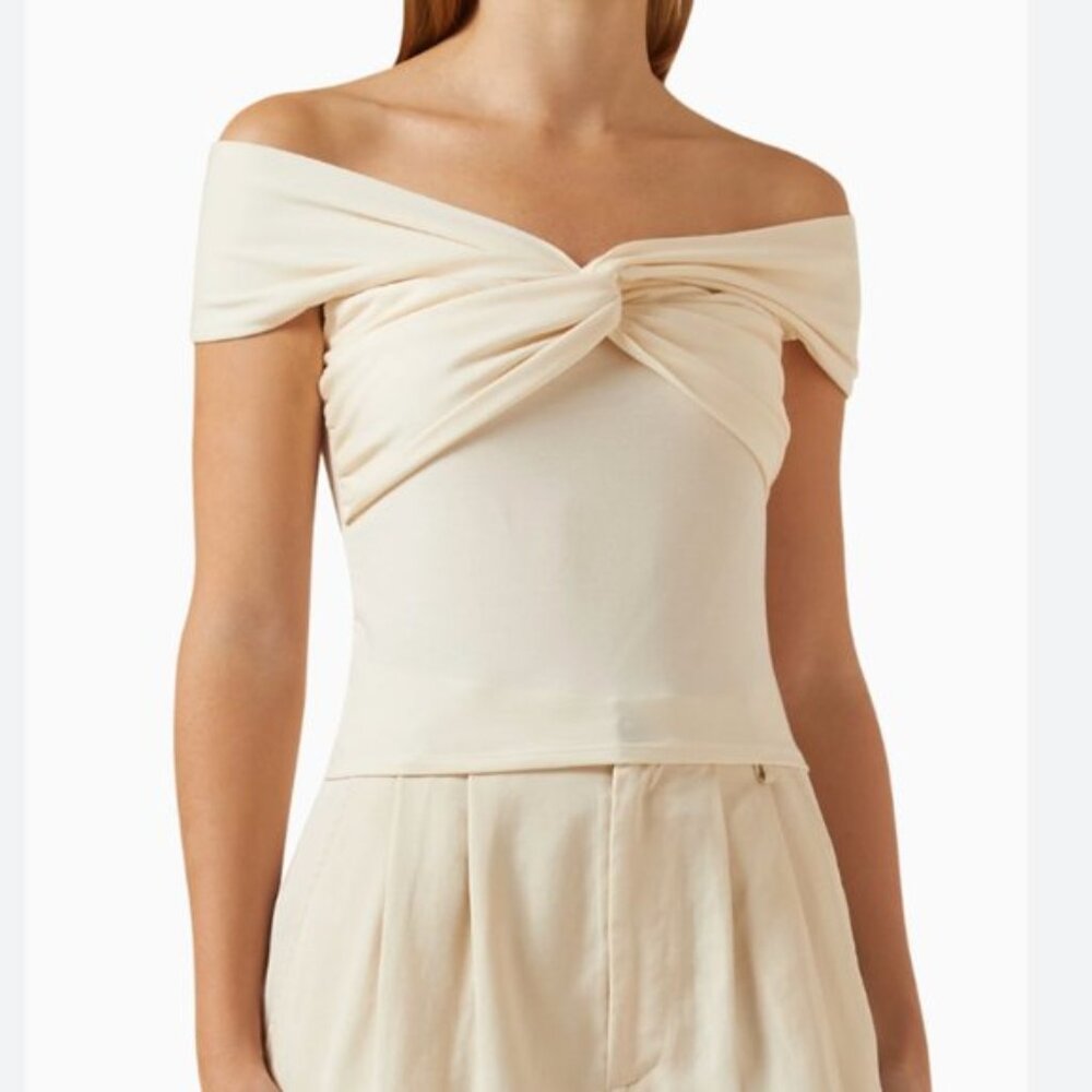 Reformation Ivory Twist Off-Shoulder Crop Top